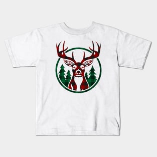 Christmas Deer Head Red Buffalo Plaid Kids T-Shirt